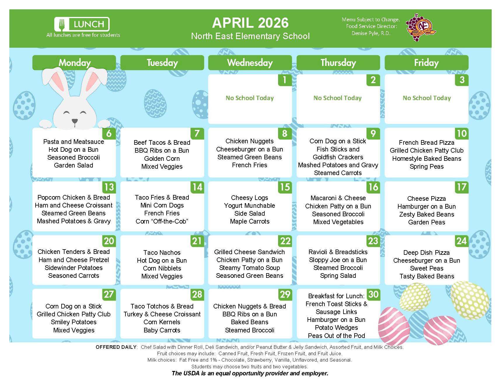 NEES April Lunch Menu